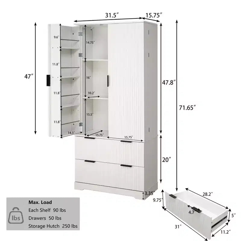 Okak 72in Modern Tall Storage Cabinet, mobile contenitore con 2 ante e 4 cassetti, armadio per soggiorno, corridoio, cucina