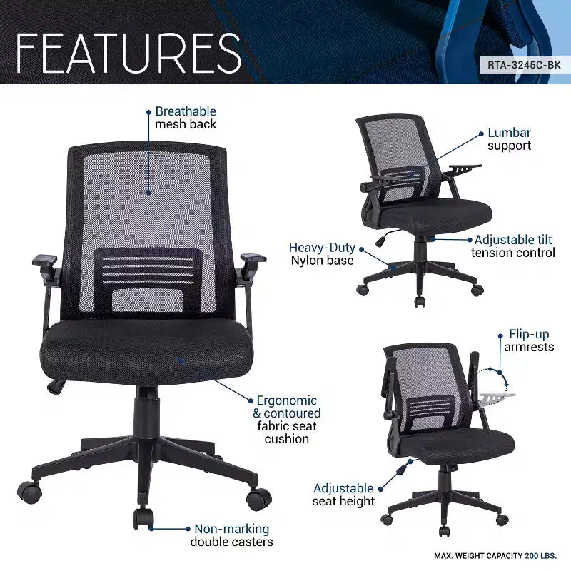 Okak Sedia da Ufficio Ergonomica in Rete, Sedia Imbottita a Criss Cross con Altezza Regolabile e Ruote, Sedia Girevole per Sala Lettura, Studio, Nera