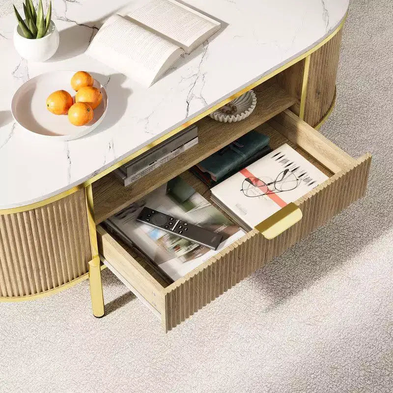 Tavolino ovale moderno con contenitore, 48 Tavolo centrale scanalato in legno per soggiorno ufficio
