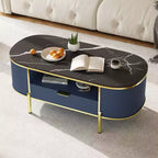 Modern Oval Coffee Table with Storage Organizer, 48 Wood Fluted Center Table for Living Room Office