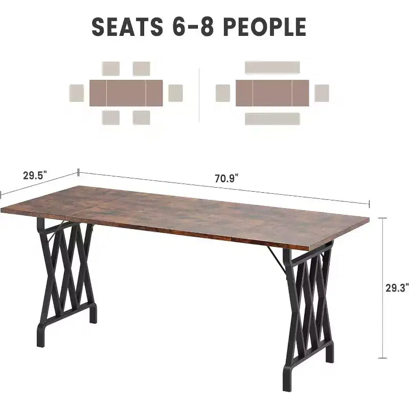 Tavolo da pranzo per 6 persone, tavolo da pranzo rettangolare da 180 cm con gambe in metallo a X e piano in legno, tavolo da cucina per 6-8 persone