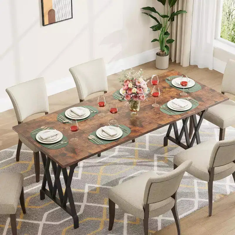 Tavolo da pranzo per 6 persone, tavolo da pranzo rettangolare da 180 cm con gambe in metallo a X e piano in legno, tavolo da cucina per 6-8 persone