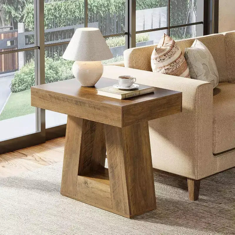 Lantine 24 Tavolino in legno per soggiorno, tavolino a 2 ripiani con base trapezoidale, comodino piccolo stile farmhouse per camera da letto
