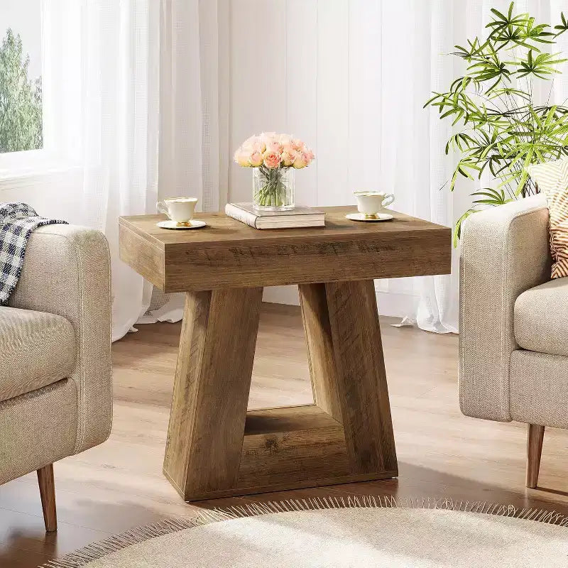 Lantine 24 Tavolino in legno per soggiorno, tavolino a 2 ripiani con base trapezoidale, comodino piccolo stile farmhouse per camera da letto