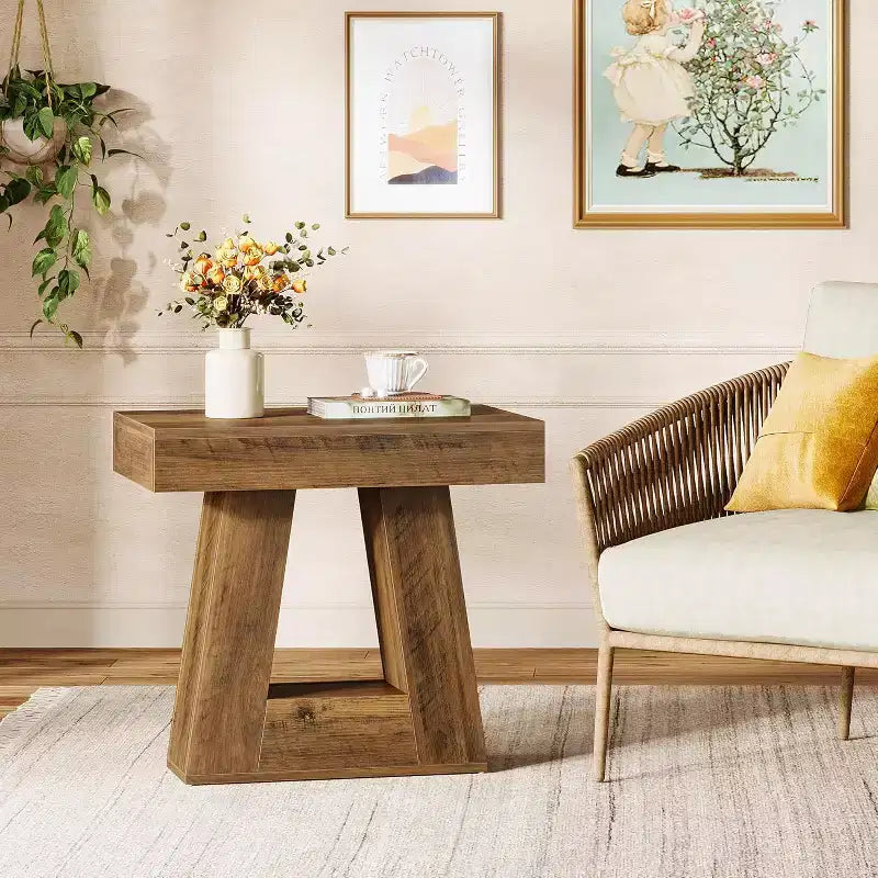 Lantine 24 Tavolino in legno per soggiorno, tavolino a 2 ripiani con base trapezoidale, comodino piccolo stile farmhouse per camera da letto