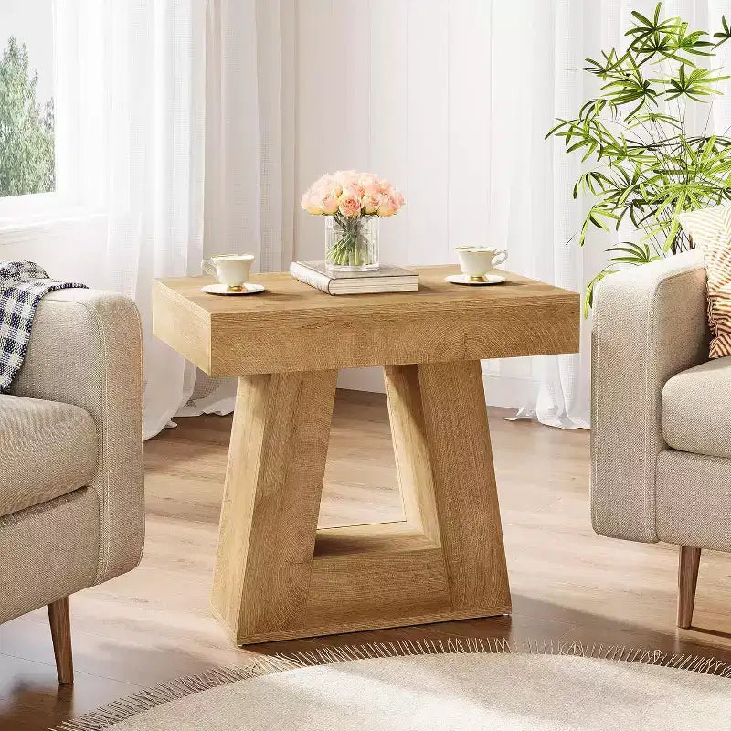 Lantine 24 Tavolino in legno per soggiorno, tavolino a 2 ripiani con base trapezoidale, comodino piccolo stile farmhouse per camera da letto