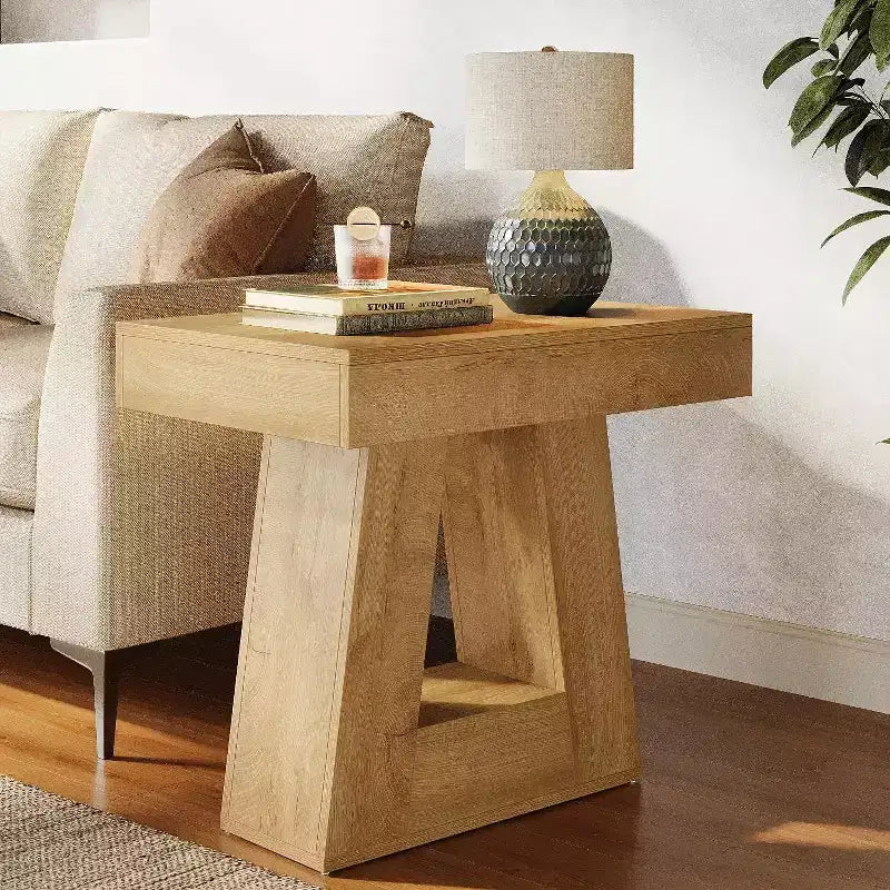 Lantine 24 Tavolino in legno per soggiorno, tavolino a 2 ripiani con base trapezoidale, comodino piccolo stile farmhouse per camera da letto