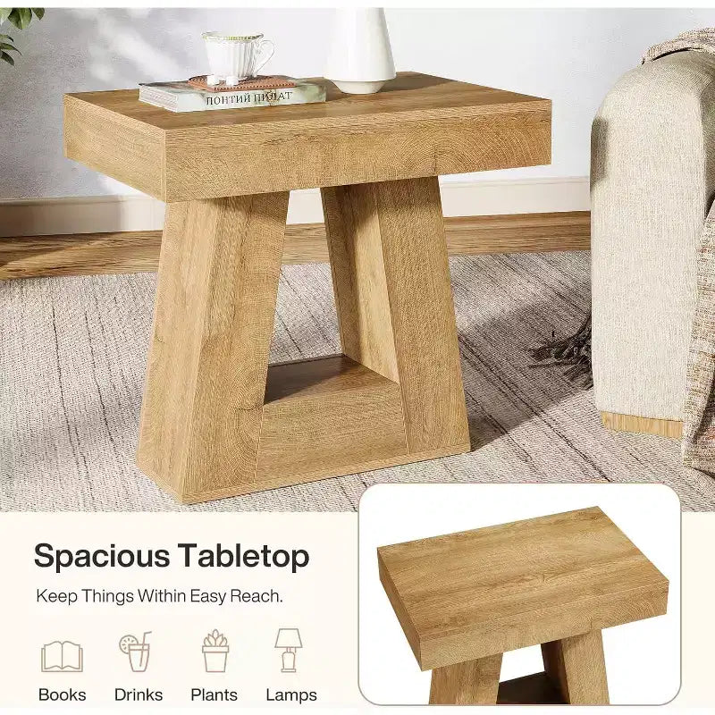 Lantine 24 Tavolino in legno per soggiorno, tavolino a 2 ripiani con base trapezoidale, comodino piccolo stile farmhouse per camera da letto