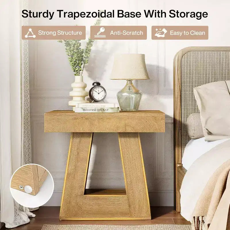 Lantine 24 Tavolino in legno per soggiorno, tavolino a 2 ripiani con base trapezoidale, comodino piccolo stile farmhouse per camera da letto