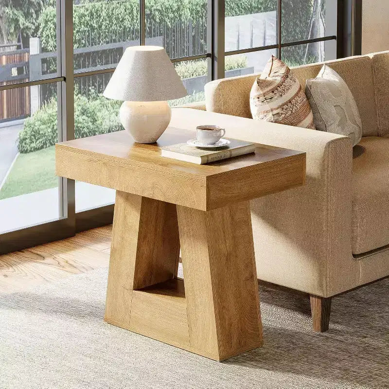 Lantine 24 Tavolino in legno per soggiorno, tavolino a 2 ripiani con base trapezoidale, comodino piccolo stile farmhouse per camera da letto