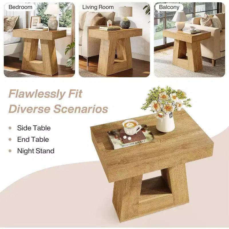 Lantine 24 Tavolino in legno per soggiorno, tavolino a 2 ripiani con base trapezoidale, comodino piccolo stile farmhouse per camera da letto