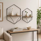 Mobile portaoggetti sospeso in metallo e legno con design rustico casual – Mensole geometriche da parete – Espositore sospeso per casa e ufficio – Set da 2, 20, 16