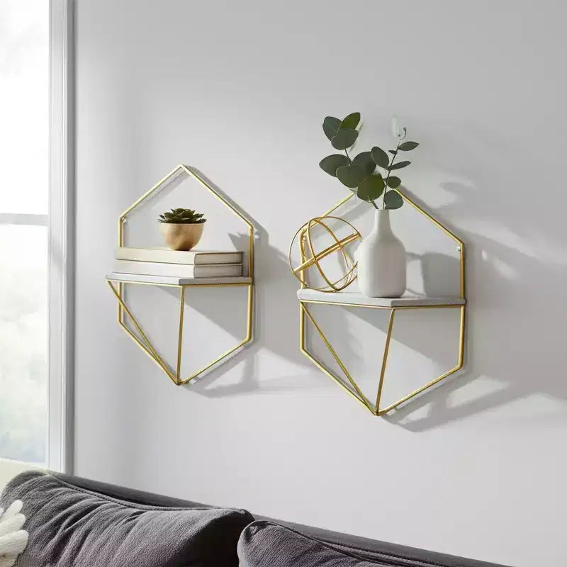 Mobile portaoggetti sospeso in metallo e legno con design rustico casual – Mensole geometriche da parete – Espositore sospeso per casa e ufficio – Set da 2, 20, 16