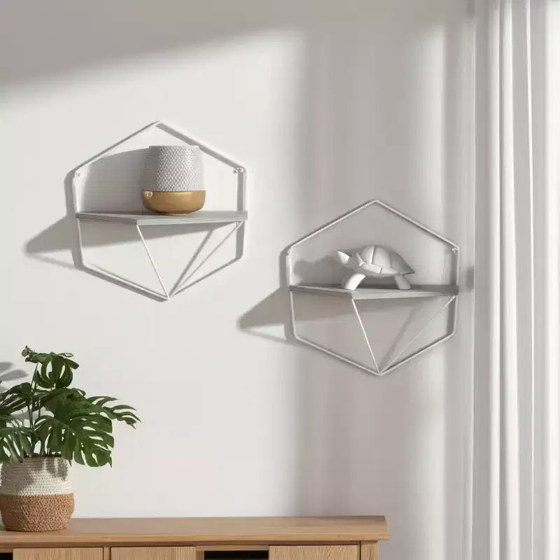 Mobile portaoggetti sospeso in metallo e legno con design rustico casual – Mensole geometriche da parete – Espositore sospeso per casa e ufficio – Set da 2, 20, 16