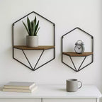Metal & Wood Floating Storage with Rustic Casual Design - Geometric Wall Shelves - Hanging Display for Home & Office - Set of 2, 20, 16