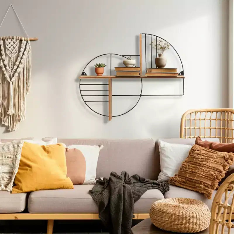 Mensola a Muro - Metallo Geometrico e Legno - Mensola Fluttuante Moderna per Casa e Ufficio - Robusta Struttura in Ferro - Decorazione Elegante per Camera da Letto e Soggiorno