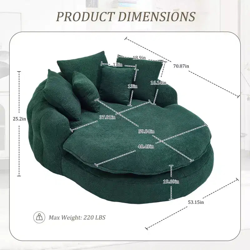 Pouf a Sacco in ciniglia Ovale e Oversize con 3 Cuscini Grandi e 2 Piccoli e Schienale Avvolgente per Adulti