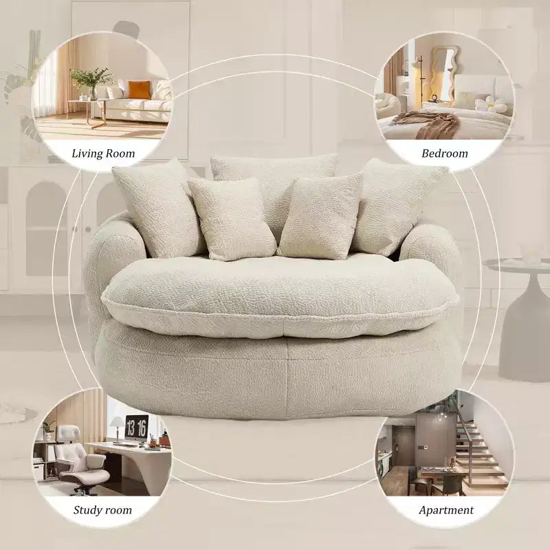 Pouf a Sacco in ciniglia Ovale e Oversize con 3 Cuscini Grandi e 2 Piccoli e Schienale Avvolgente per Adulti