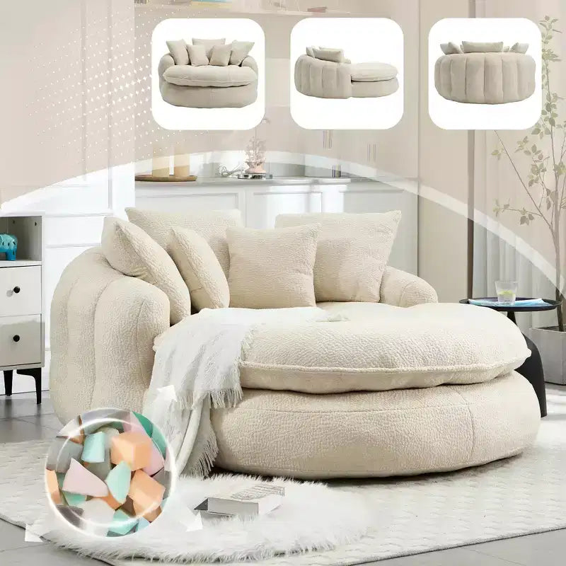 Oversized Oval Chenille Bean Bag Sofa with 3 Large and 2 Small Pillows and Wrap Around Backrest for Adults