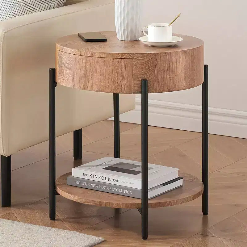 19.69 Coffee Table with Drawer Circle End Tables Wooden Bedside Table Metal Frame for Living Room, Bedroom and Small Spaces