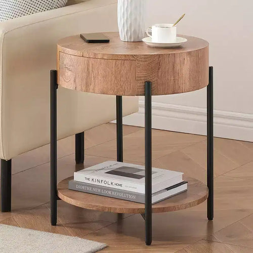 19.69 Coffee Table with Drawer Circle End Tables Wooden Bedside Table Metal Frame for Living Room, Bedroom and Small Spaces