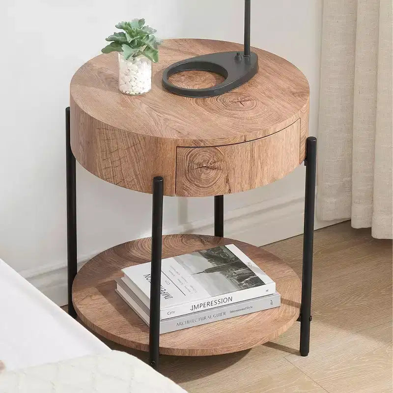 Tavolino da Salotto con Cassetto Circolare, Tavolini Laterali in Legno, Comodino con Struttura in Metallo per Soggiorno, Camera da Letto e Piccoli Spazi