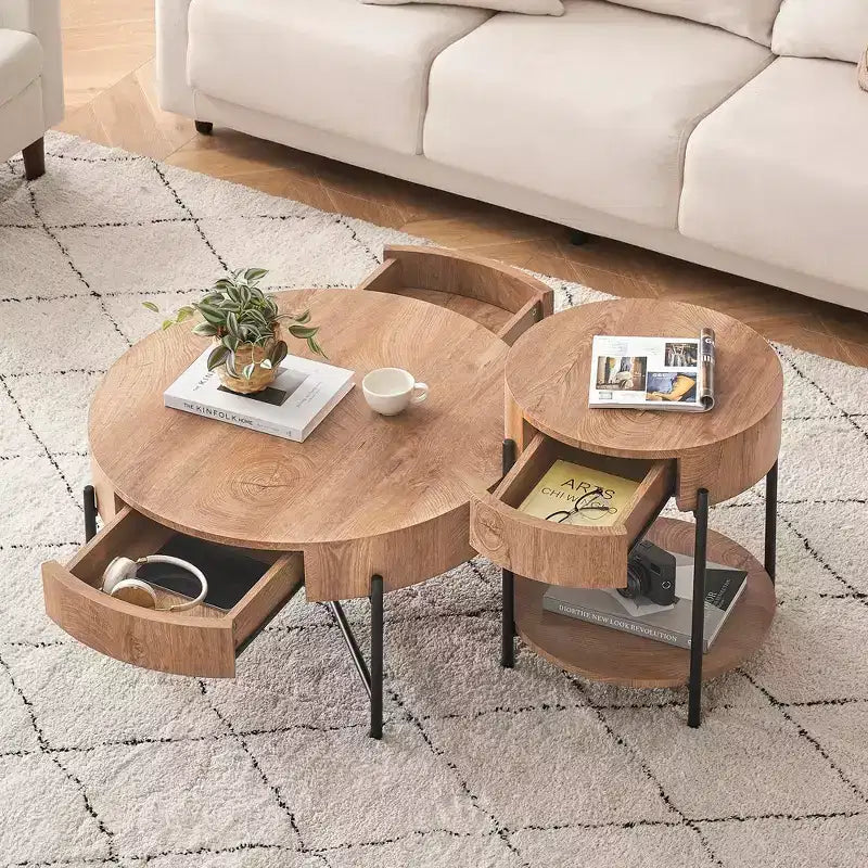 Tavolino da Salotto con Cassetto Circolare, Tavolini Laterali in Legno, Comodino con Struttura in Metallo per Soggiorno, Camera da Letto e Piccoli Spazi