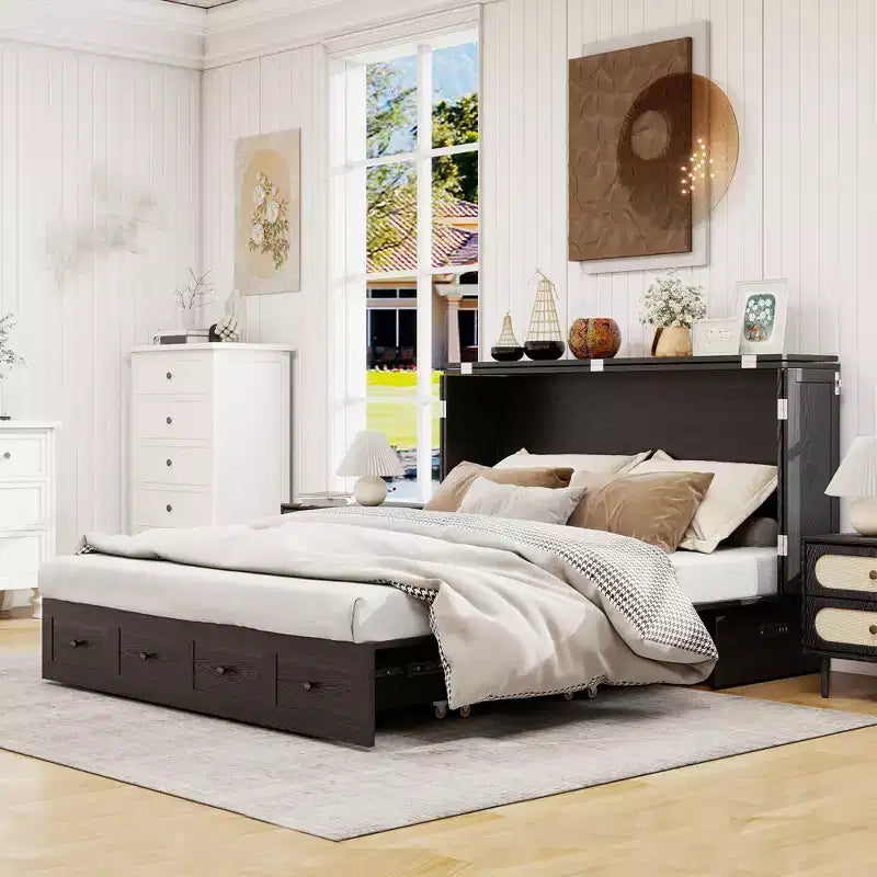 Letto a scomparsa Keloyid Haimyy Queen con struttura in legno massiccio, caricatore integrato e cassetto robusto