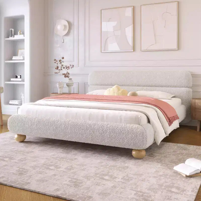 GDFStudio Philemon Letto Queen Size Imbottito a Basso Profilo Contemporaneo con Tessuto Teddy Fleece e Gambe in Legno