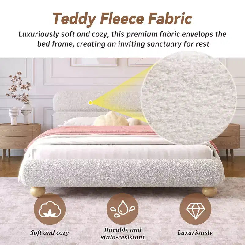 GDFStudio Philemon Letto Queen Size Imbottito a Basso Profilo Contemporaneo con Tessuto Teddy Fleece e Gambe in Legno