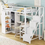 Metal Twin Loft Bed with Desk and Wardrobe, Stairway Loft Bed Frame with Storage Shelves, White