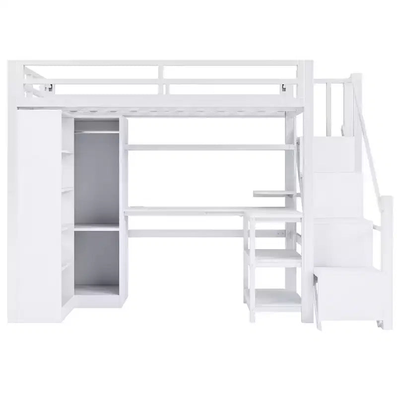 Letto a soppalco matrimoniale in metallo con scrivania e armadio, letto a soppalco con scala e ripiani portaoggetti, bianco