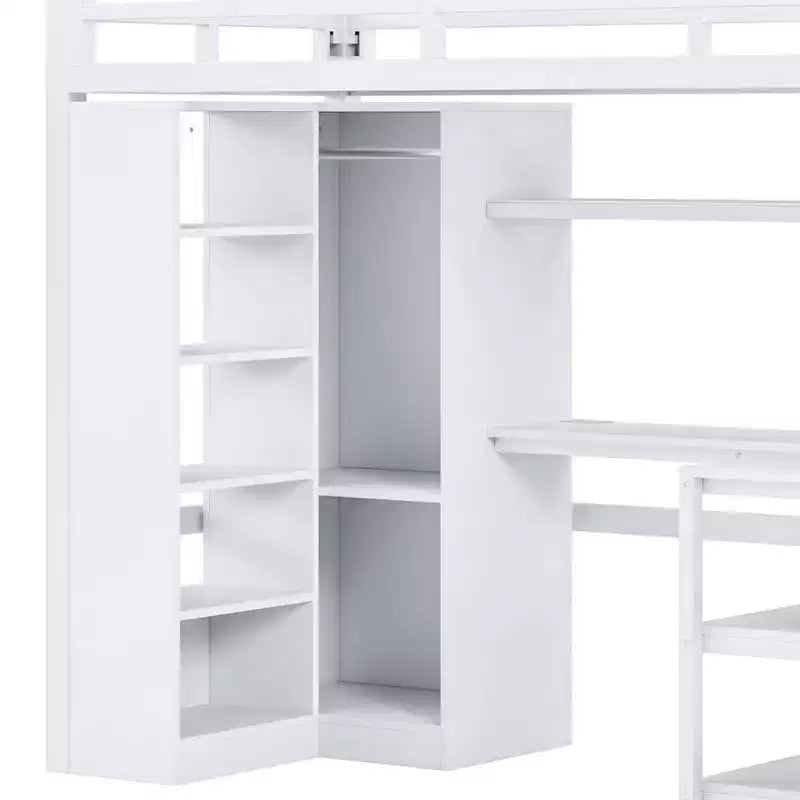 Letto a soppalco matrimoniale in metallo con scrivania e armadio, letto a soppalco con scala e ripiani portaoggetti, bianco