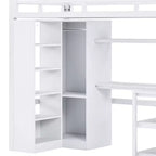 Letto a soppalco matrimoniale in metallo con scrivania e armadio, letto a soppalco con scala e ripiani portaoggetti, bianco