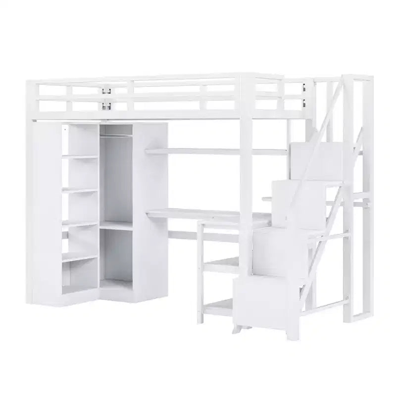 Letto a soppalco matrimoniale in metallo con scrivania e armadio, letto a soppalco con scala e ripiani portaoggetti, bianco