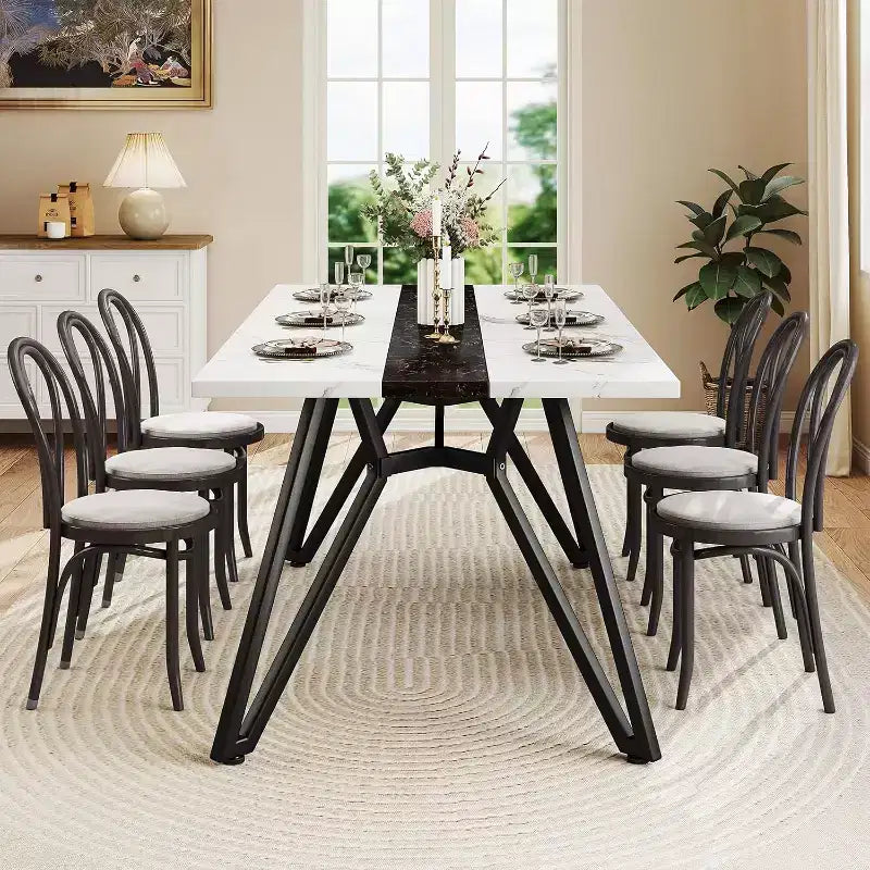 Zevemomo70.9Tavolo da Pranzo per 6-8 Persone, Tavolo da Pranzo Rustico, con Ampio Piano e Base in Acciaio a Forma Triangolare per Cucina, Sala da Pranzo - Bianco