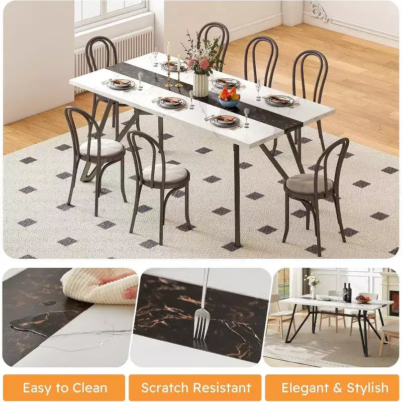 Zevemomo70.9Tavolo da Pranzo per 6-8 Persone, Tavolo da Pranzo Rustico, con Ampio Piano e Base in Acciaio a Forma Triangolare per Cucina, Sala da Pranzo - Bianco