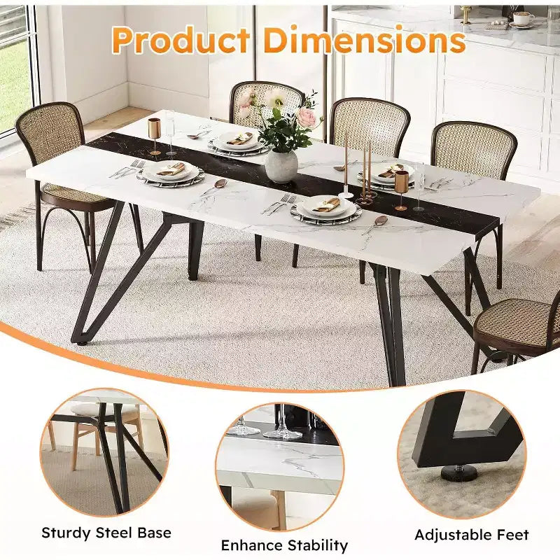 Zevemomo70.9Tavolo da Pranzo per 6-8 Persone, Tavolo da Pranzo Rustico, con Ampio Piano e Base in Acciaio a Forma Triangolare per Cucina, Sala da Pranzo - Bianco