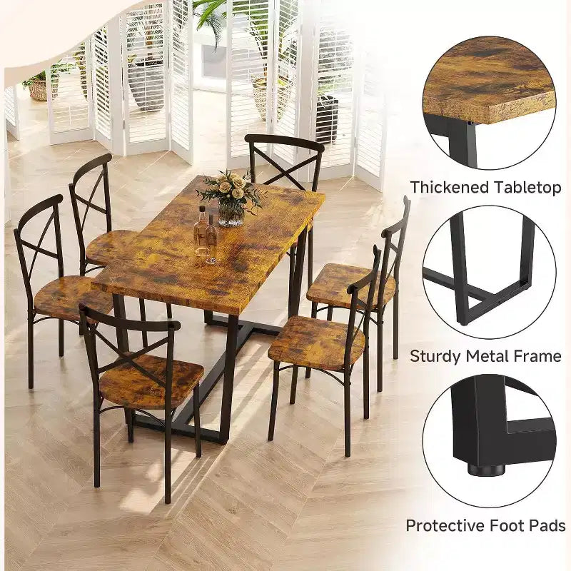 Set da pranzo Zevemomo da 7 pezzi con tavolo e sedie, tavolo rettangolare con struttura in metallo e 6 sedie, per cucina, sala da pranzo e soggiorno, marrone