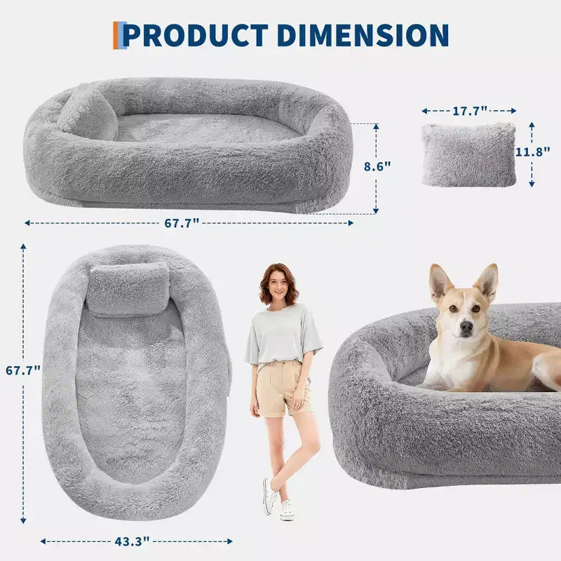 65x41x12 Cuccia per Cani Umana per Adulti e Animali Domestici, Cuccia per Cani Umana Rimovibile in Pelliccia Sintetica con Maniglia Portatile, Tasca Laterale, Schiuma Ortopedica a Uovo, Letti Grandi per Cani