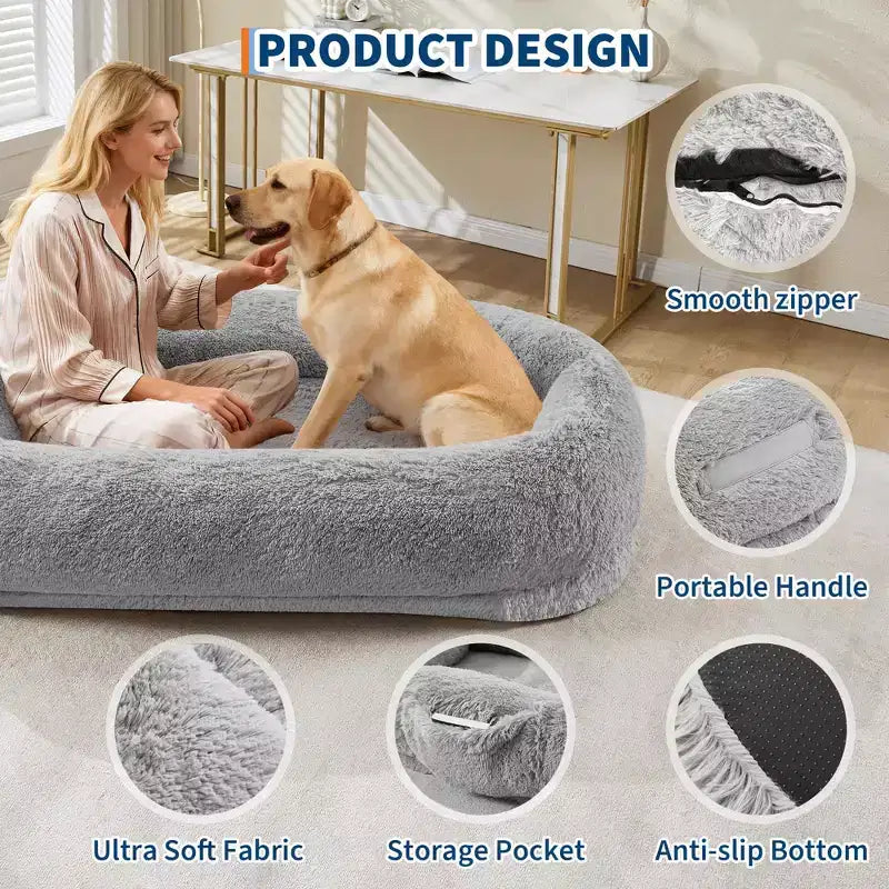 65x41x12 Cuccia per Cani Umana per Adulti e Animali Domestici, Cuccia per Cani Umana Rimovibile in Pelliccia Sintetica con Maniglia Portatile, Tasca Laterale, Schiuma Ortopedica a Uovo, Letti Grandi per Cani