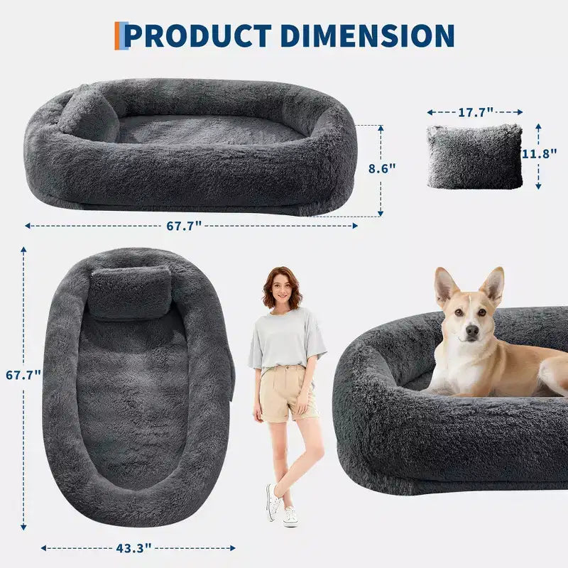 65x41x12 Cuccia per Cani Umana per Adulti e Animali Domestici, Cuccia per Cani Umana Rimovibile in Pelliccia Sintetica con Maniglia Portatile, Tasca Laterale, Schiuma Ortopedica a Uovo, Letti Grandi per Cani