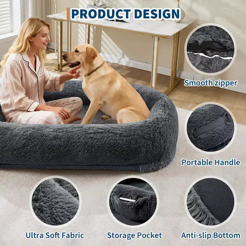 65x41x12 Cuccia per Cani Umana per Adulti e Animali Domestici, Cuccia per Cani Umana Rimovibile in Pelliccia Sintetica con Maniglia Portatile, Tasca Laterale, Schiuma Ortopedica a Uovo, Letti Grandi per Cani