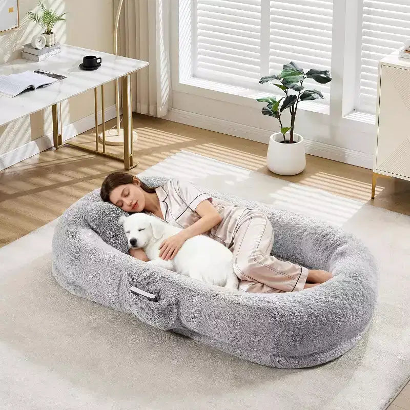 65x41x12 Cuccia per Cani Umana per Adulti e Animali Domestici, Cuccia per Cani Umana Rimovibile in Pelliccia Sintetica con Maniglia Portatile, Tasca Laterale, Schiuma Ortopedica a Uovo, Letti Grandi per Cani