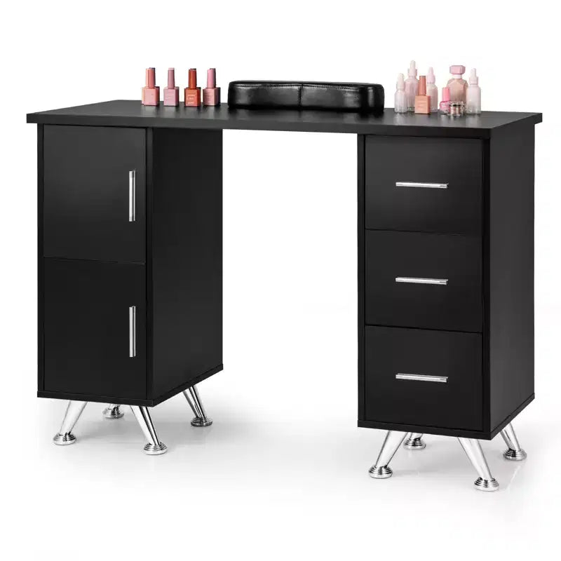 Costway Scrivania da Manicure in Legno con Poggiapolsi Rimovibile Gambe in Metallo e 3 Cassetti, 2 Armadietti Bianco/Rosa/Nero