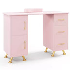 Costway Scrivania da Manicure in Legno con Poggiapolsi Rimovibile Gambe in Metallo e 3 Cassetti, 2 Armadietti Bianco/Rosa/Nero