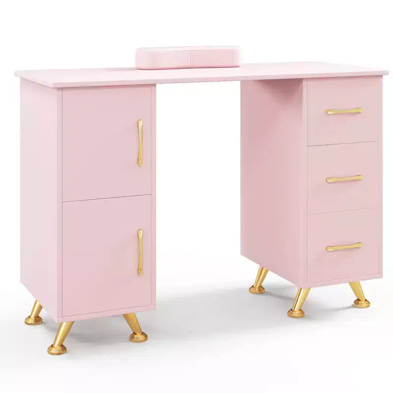 Costway Scrivania da Manicure in Legno con Poggiapolsi Rimovibile Gambe in Metallo e 3 Cassetti, 2 Armadietti Bianco/Rosa/Nero