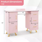 Costway Scrivania da Manicure in Legno con Poggiapolsi Rimovibile Gambe in Metallo e 3 Cassetti, 2 Armadietti Bianco/Rosa/Nero