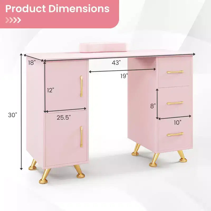 Costway Scrivania da Manicure in Legno con Poggiapolsi Rimovibile Gambe in Metallo e 3 Cassetti, 2 Armadietti Bianco/Rosa/Nero