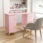 Costway Scrivania da Manicure in Legno con Poggiapolsi Rimovibile Gambe in Metallo e 3 Cassetti, 2 Armadietti Bianco/Rosa/Nero